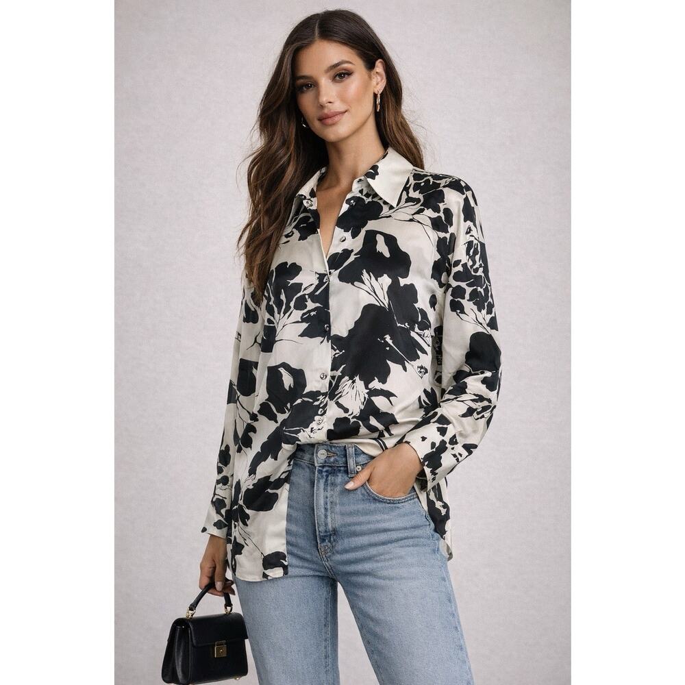 ZARA Ivory & Black Abstract Floral Button-Up Blouse Oversized Silk-Look Shirt XS